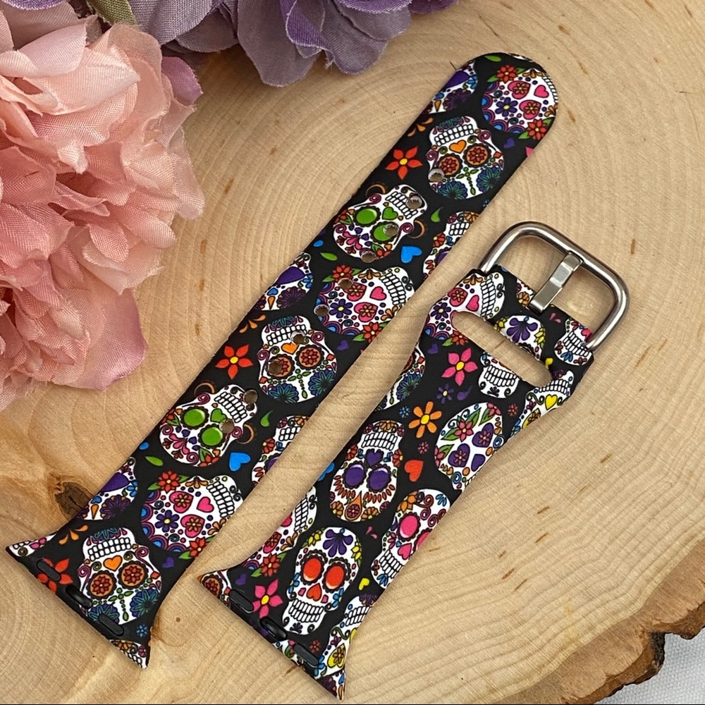Colorful Day of the Dead Sugar Skull Silicone Watchband for Apple - Picture 9 of 13